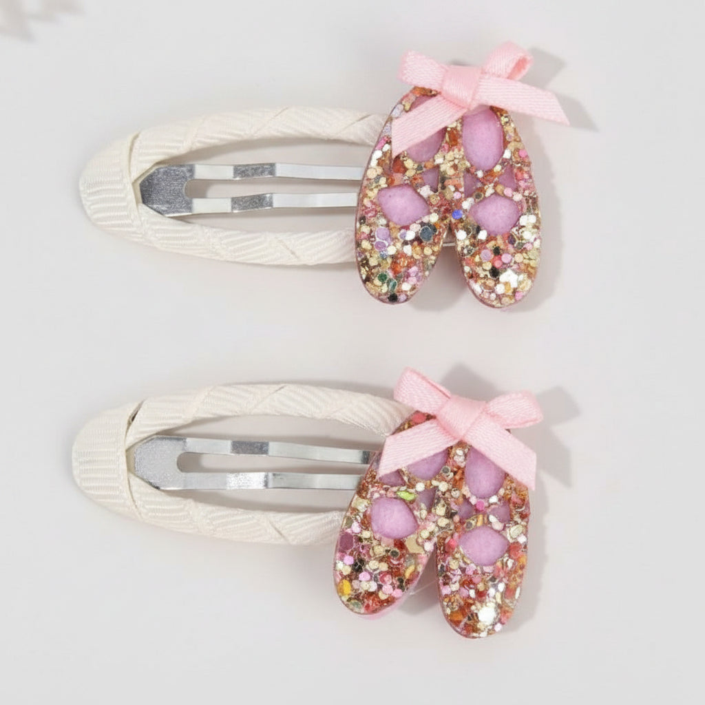 Glittery ballet slipper hair clips with bows