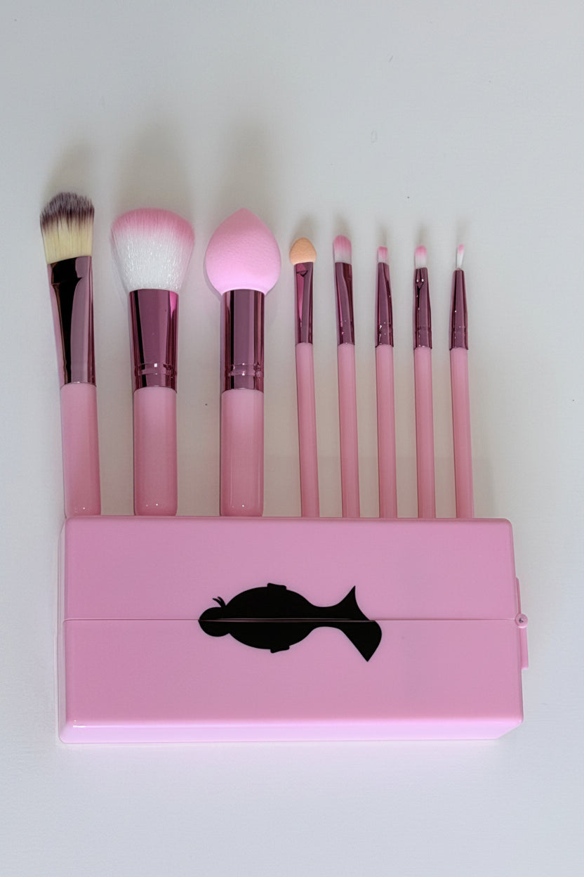 Travel Makeup Brush &amp; Mirror Set - 8 Brushes