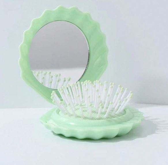 Shell Mirror Hair Brush Compact