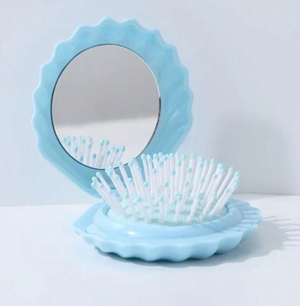Shell Mirror Hair Brush Compact