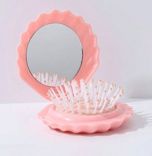 Shell Mirror Hair Brush Compact