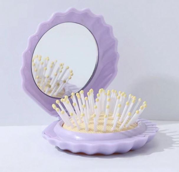 Shell Mirror Hair Brush Compact