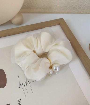 Double Layered Chiffon Hair Scrunchie with Pearl
