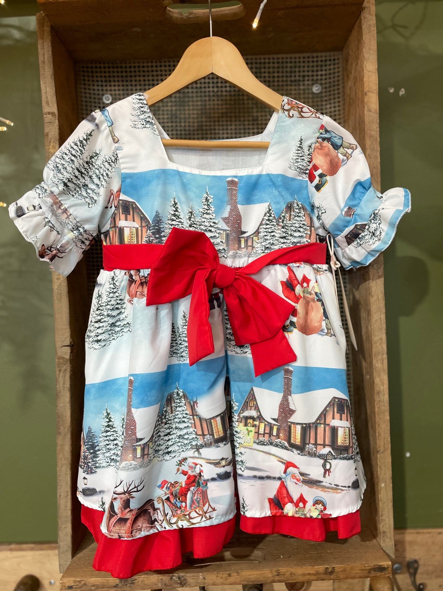 Christmas Dress - Snow Scene with Red Bow